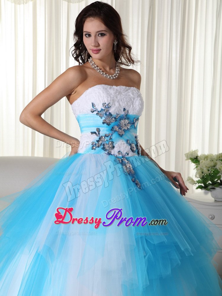 Embossed Fabric White and Aqua Blue Sweet 15 Birthday Dress