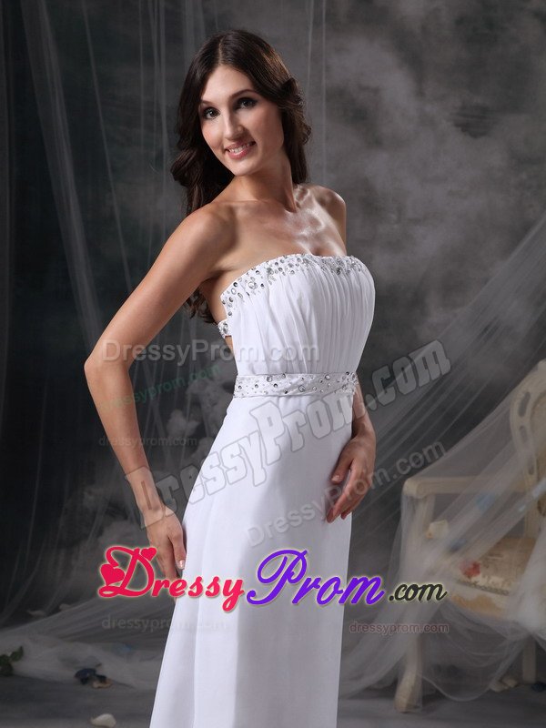 New Strapless Column Ruched Beaded White Prom Maxi Dress