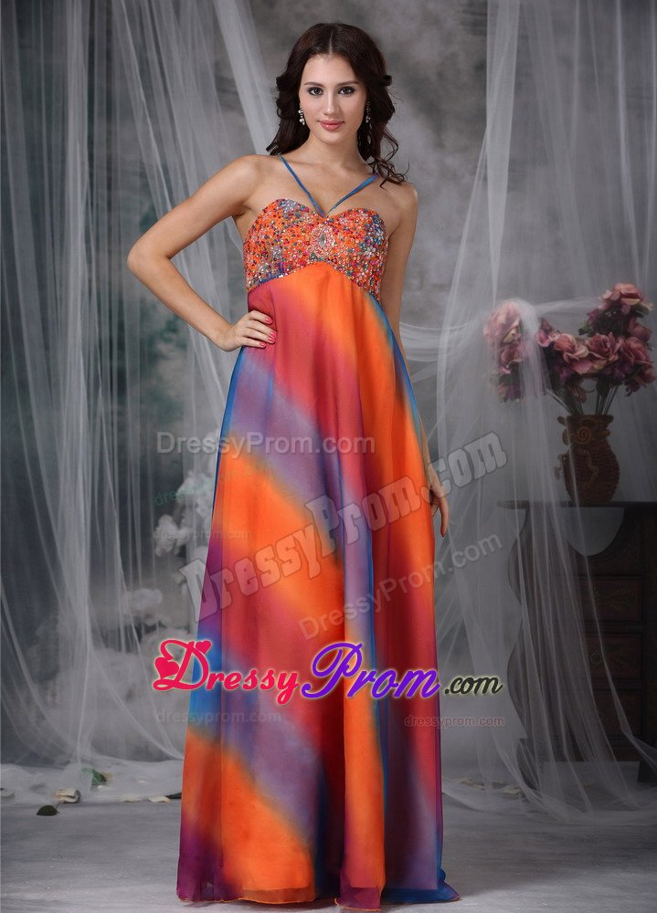 Spaghetti Straps Beaded Printing Colorful Prom Maxi Dresses
