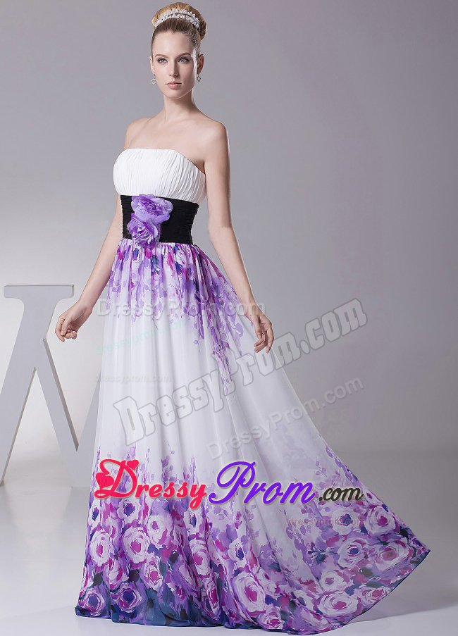 Popular Printing Ruched Flowers Colorful Prom Maxi Dresses