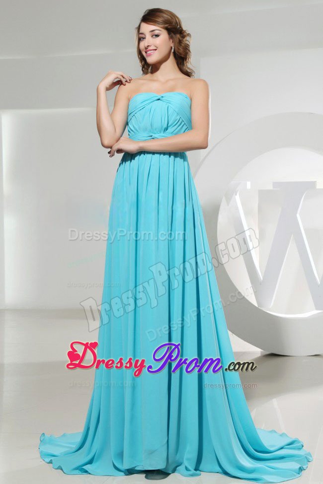 Customized Empire Strapless Brush Train Ruched Blue Prom Dress