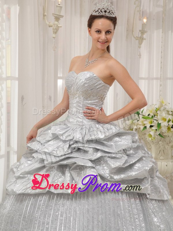 Ruches and Pleats Accent Silver Taffeta Quinceanera Dress 2014