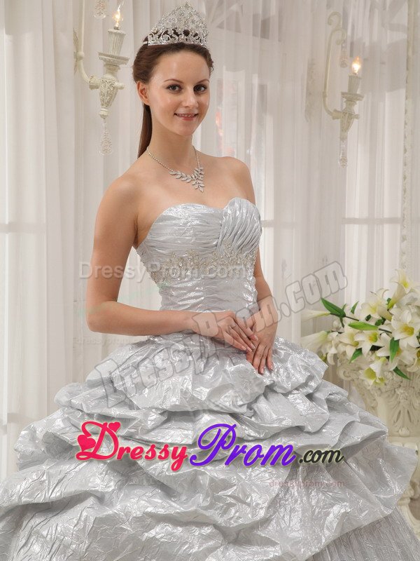 Ruches and Pleats Accent Silver Taffeta Quinceanera Dress 2014