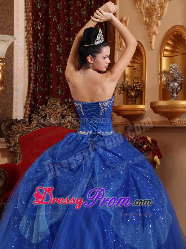 Appliqued and Sequined Blue Organza Sweetheart Quinceanera Dress