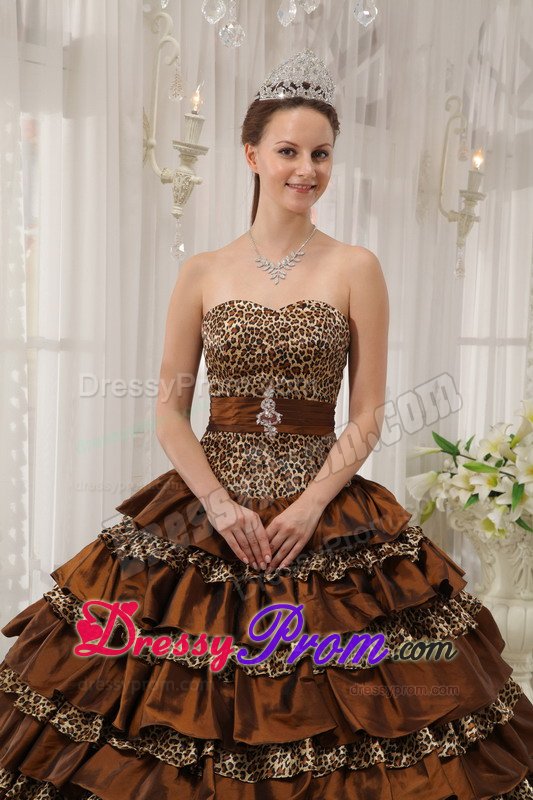 Brown Quinceanera Dress with Ruffled Layer and Leopard Print