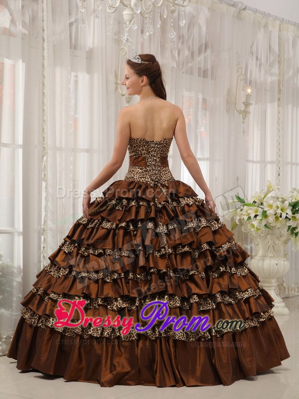 Brown Quinceanera Dress with Ruffled Layer and Leopard Print