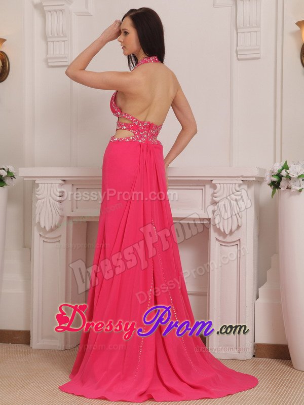 Halter Beaded Long Hot Pink Prom Dress with Cutouts On Waist