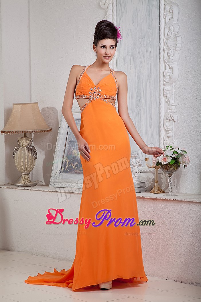 Sexy Orange Red Beading Halter Prom Evening Dress with Brush