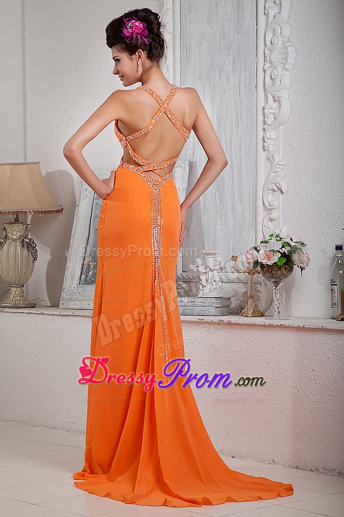 Sexy Orange Red Beading Halter Prom Evening Dress with Brush