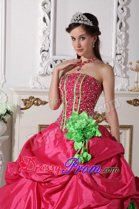 Coral Red Ruffled Quinceanera Dress Beading with Hand Made Flowers