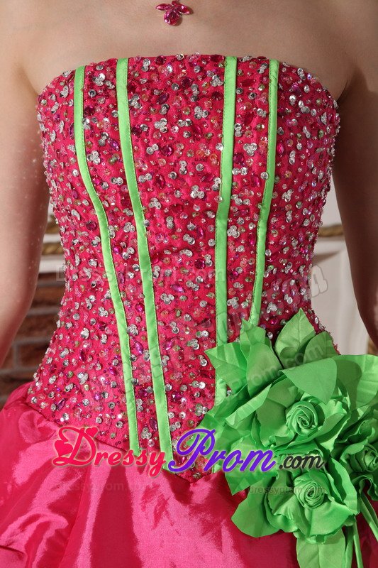 Coral Red Ruffled Quinceanera Dress Beading with Hand Made Flowers