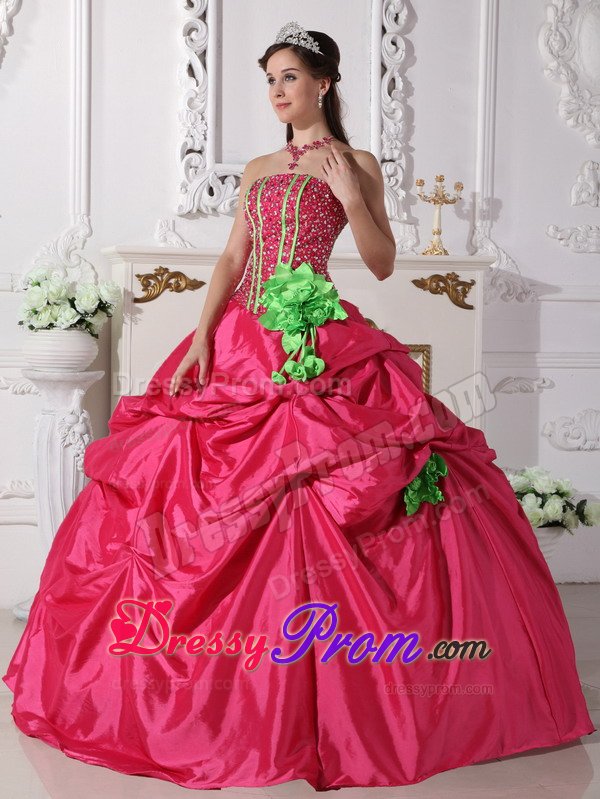 Coral Red Ruffled Quinceanera Dress Beading with Hand Made Flowers