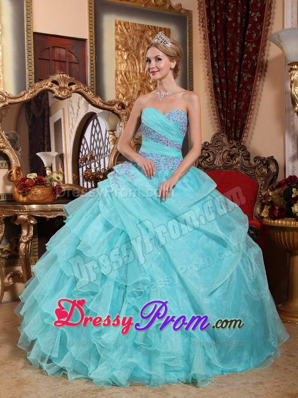 Baby Blue Sweetheart Ruffled Quinceanera Gowns Appliques in Fashion