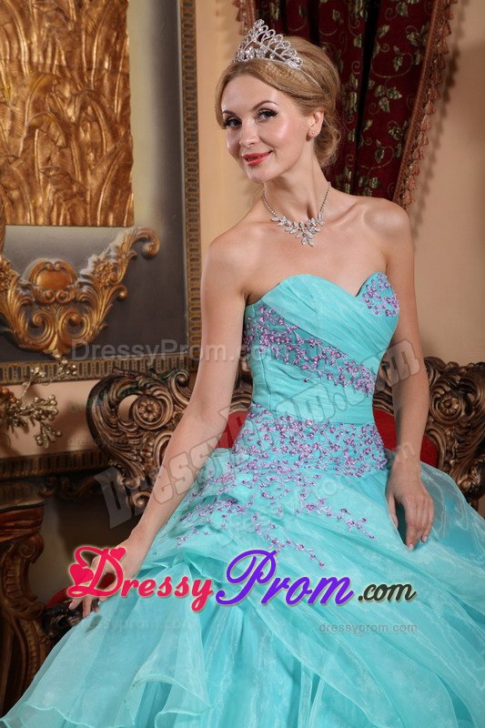 Baby Blue Sweetheart Ruffled Quinceanera Gowns Appliques in Fashion