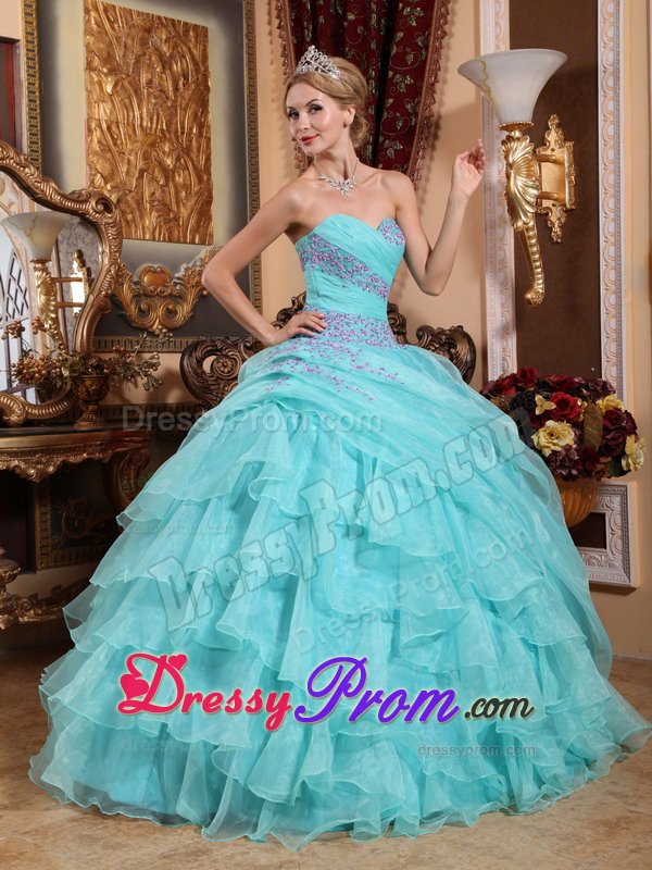 Baby Blue Sweetheart Ruffled Quinceanera Gowns Appliques in Fashion