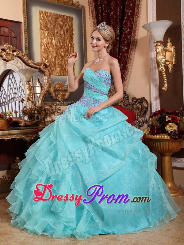 Baby Blue Sweetheart Ruffled Quinceanera Gowns Appliques in Fashion