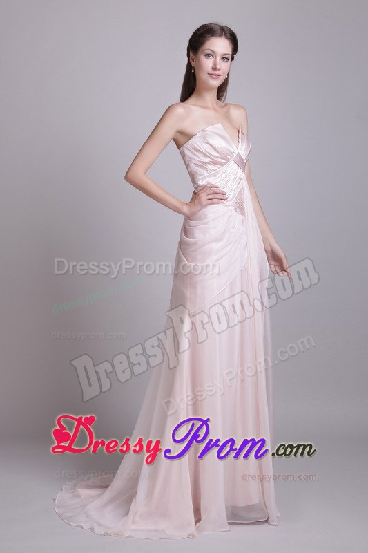 Pink Empire v Neck Prom Evening Dress with Brush Train and Ruches