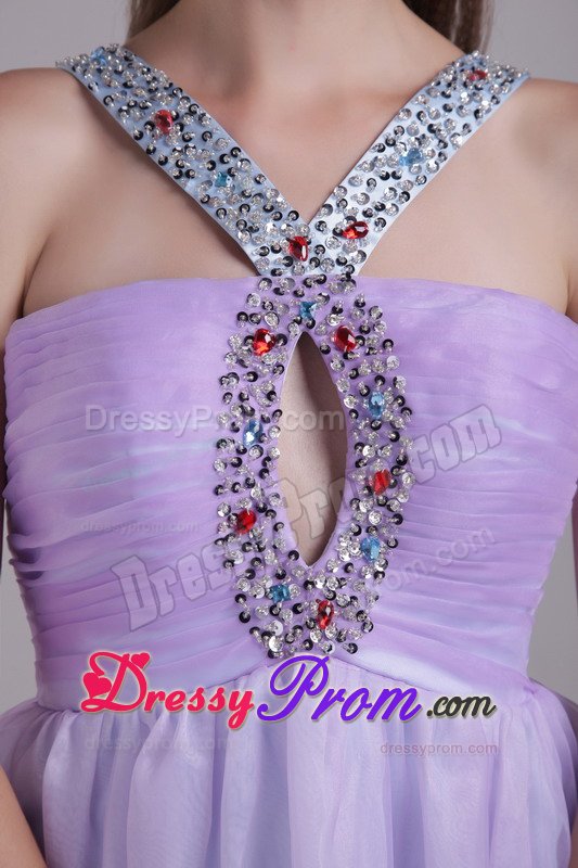 Ruched and Beaded v Neck Lilac Prom Evening Dress with Cutout