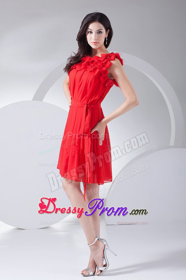 Hand Made Flowers Decorate Red Chiffon Prom Dress in 2013