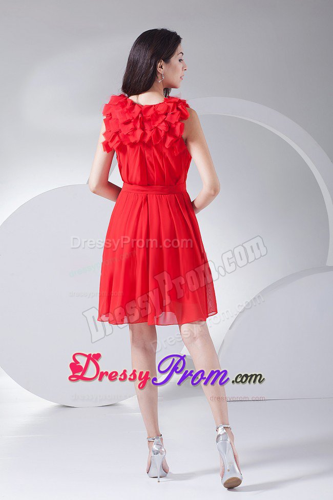 Hand Made Flowers Decorate Red Chiffon Prom Dress in 2013