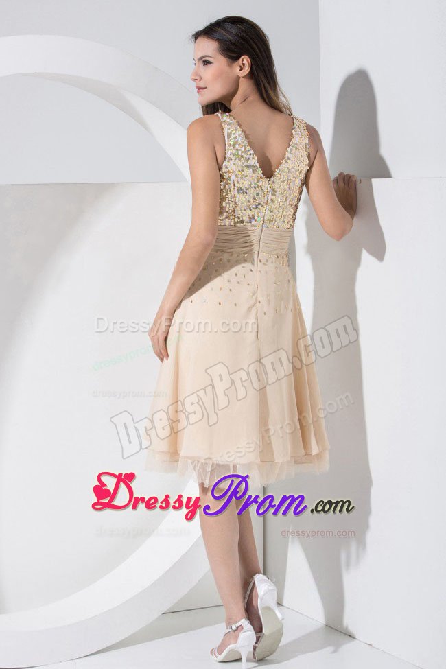 Champagne V-neck Prom Cocktail Dress With Sequin Bodice in Norfolk