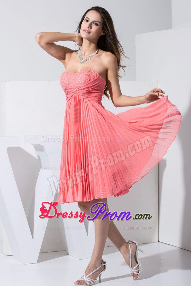Beading and Pleating Watermelon Red Prom Homecoming Dress