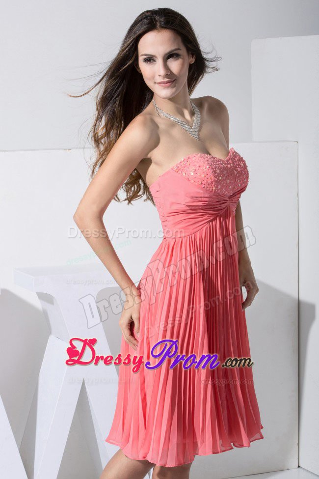 Beading and Pleating Watermelon Red Prom Homecoming Dress