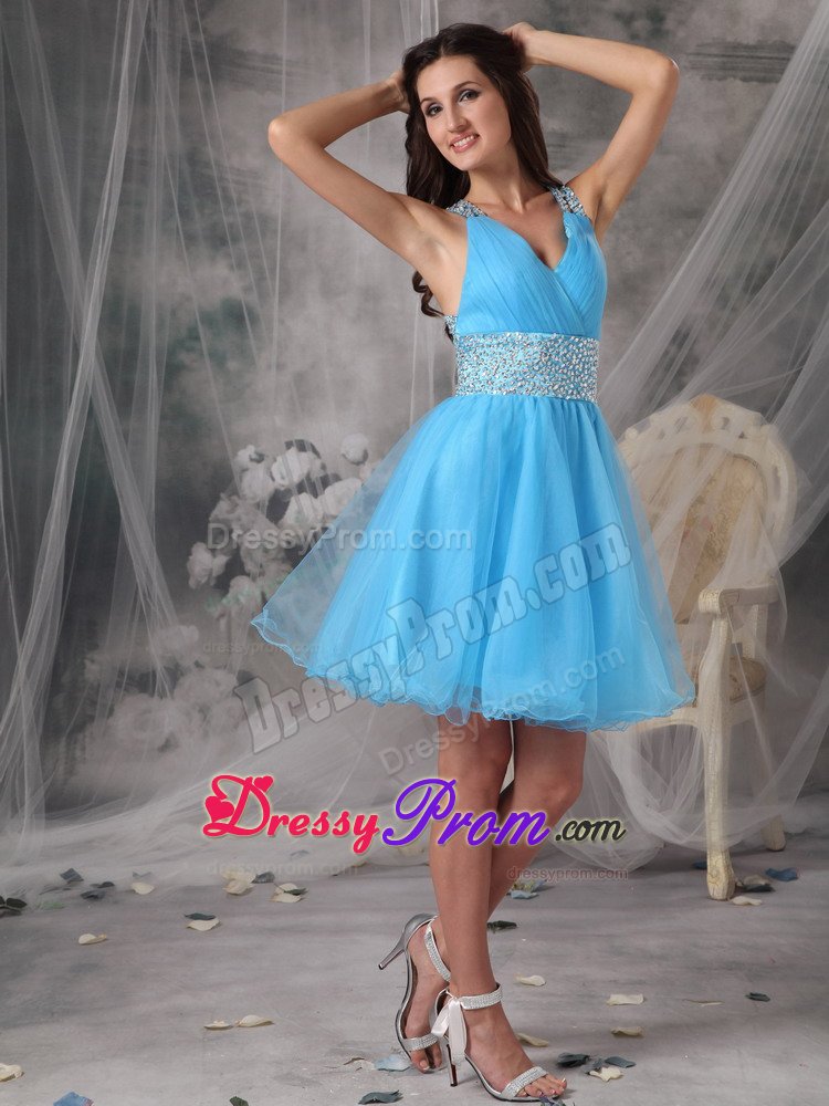 Aqua Blue V-neck Beaded Prom Dress with Crisscross Back