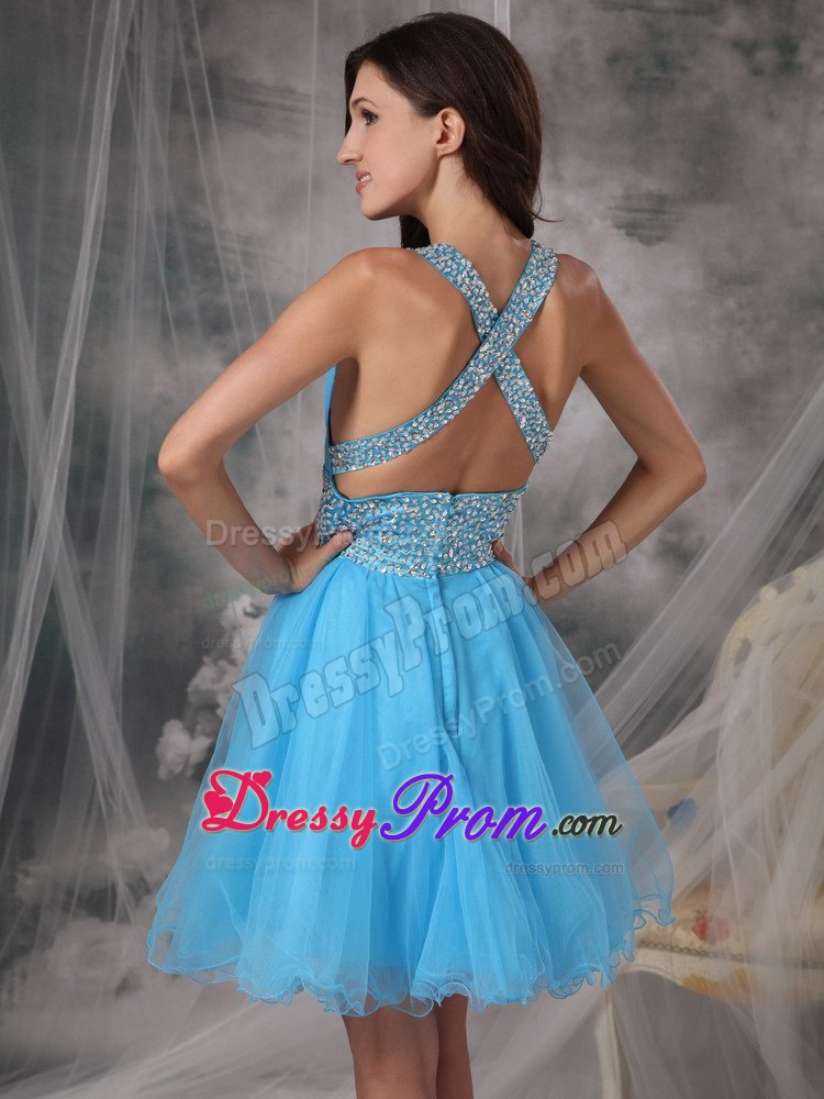 Aqua Blue V-neck Beaded Prom Dress with Crisscross Back