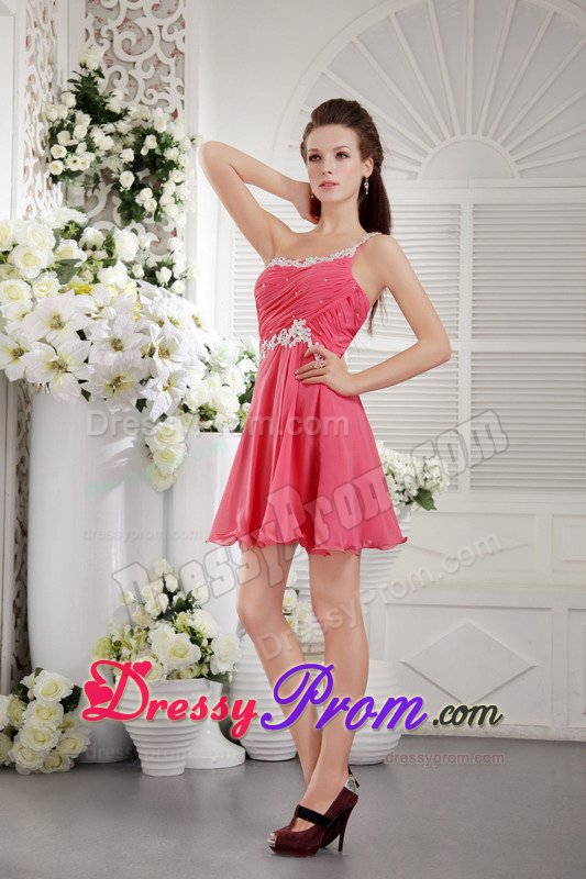 Coral Red One Shoulder Short Appliques and Ruching Prom Dress