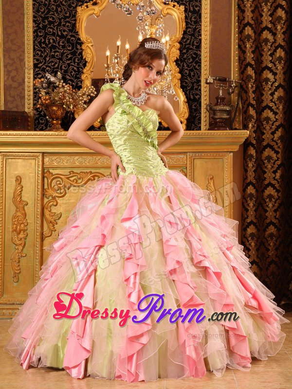 Multi-Colored Single Shoulder Ruffles Dresses for a Quince Beading