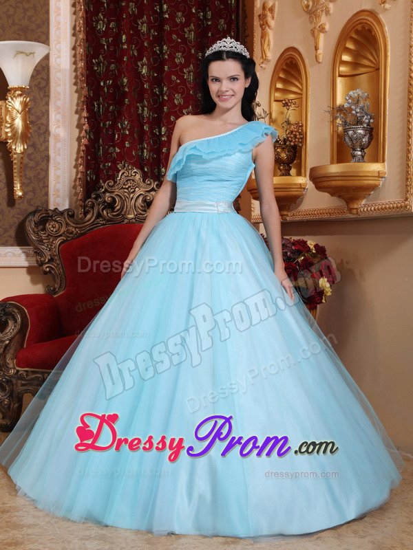 Light Blue One Shoulder Tulle Quinceanera Gown Dress with Sash