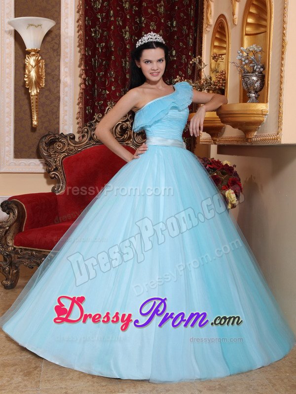 Light Blue One Shoulder Tulle Quinceanera Gown Dress with Sash