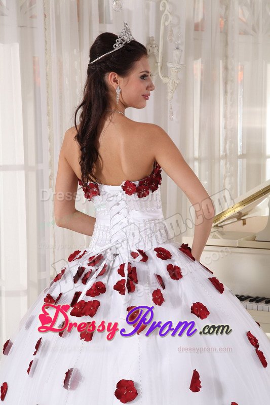 Beaded White Quinces Dresses with Wine Red Flower Appliques 2014