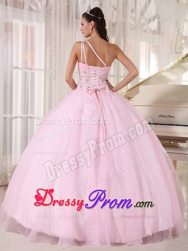 Baby Pink One Shoulder Quinces Dresses with Beading and Ruches