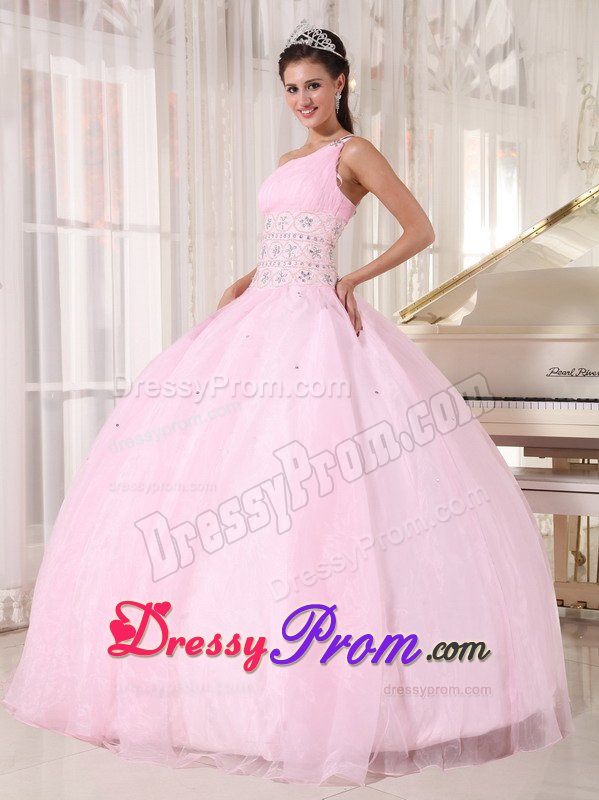 Baby Pink One Shoulder Quinces Dresses with Beading and Ruches