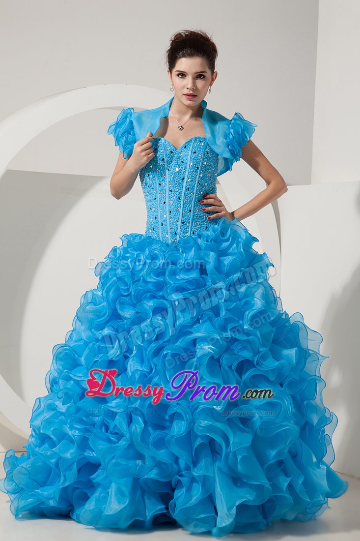 Ruffled and Beaded Baby Blue Organza Dresses for Quinceanera