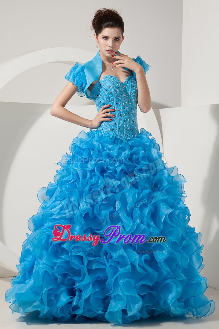 Ruffled and Beaded Baby Blue Organza Dresses for Quinceanera