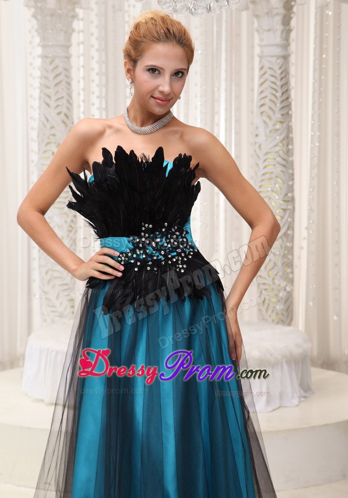 Teal and Black Prom Evening Dress with Appliques and Feathers