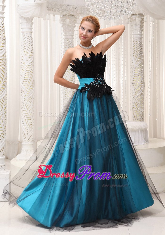 Teal and Black Prom Evening Dress with Appliques and Feathers