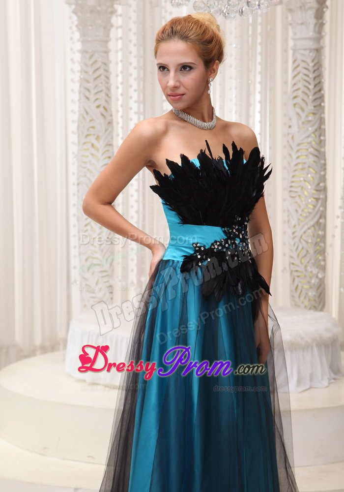 Teal and Black Prom Evening Dress with Appliques and Feathers