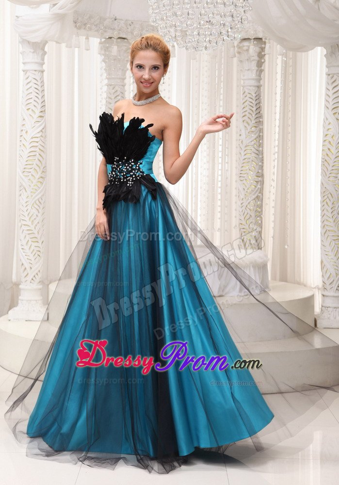 Teal and Black Prom Evening Dress with Appliques and Feathers