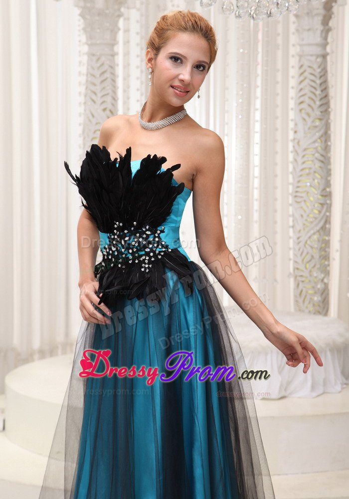 Teal and Black Prom Evening Dress with Appliques and Feathers