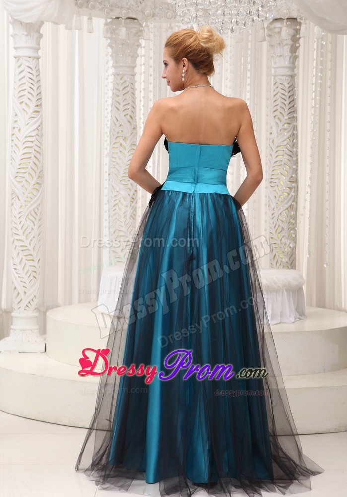 Teal and Black Prom Evening Dress with Appliques and Feathers