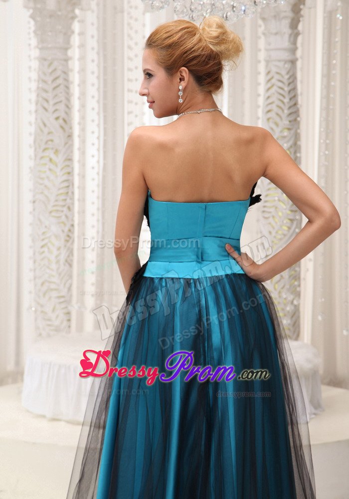 Teal and Black Prom Evening Dress with Appliques and Feathers