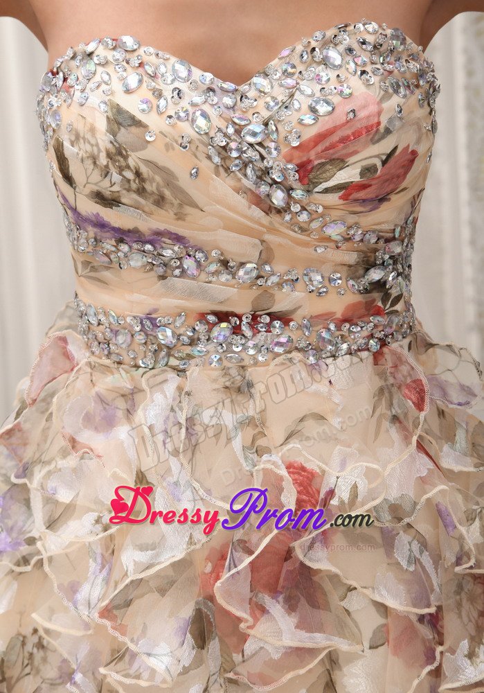 Printed and Beaded Mini Length Prom Evening Dress with Ruffles