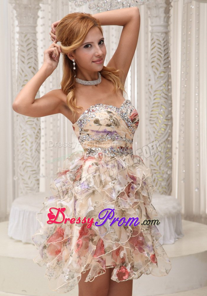 Printed and Beaded Mini Length Prom Evening Dress with Ruffles