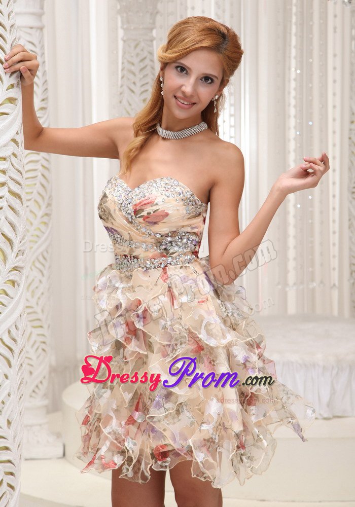 Printed and Beaded Mini Length Prom Evening Dress with Ruffles