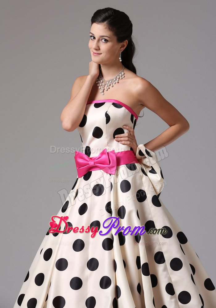 White and Black A-line Prom Evening Dress with Bows and Polka Dots