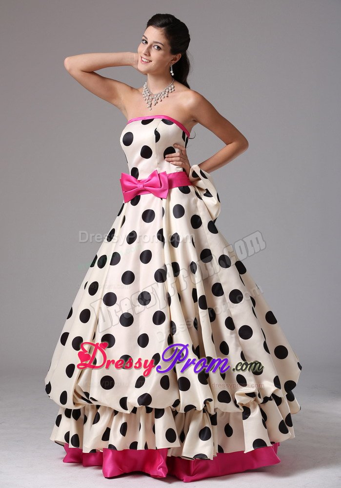 White and Black A-line Prom Evening Dress with Bows and Polka Dots